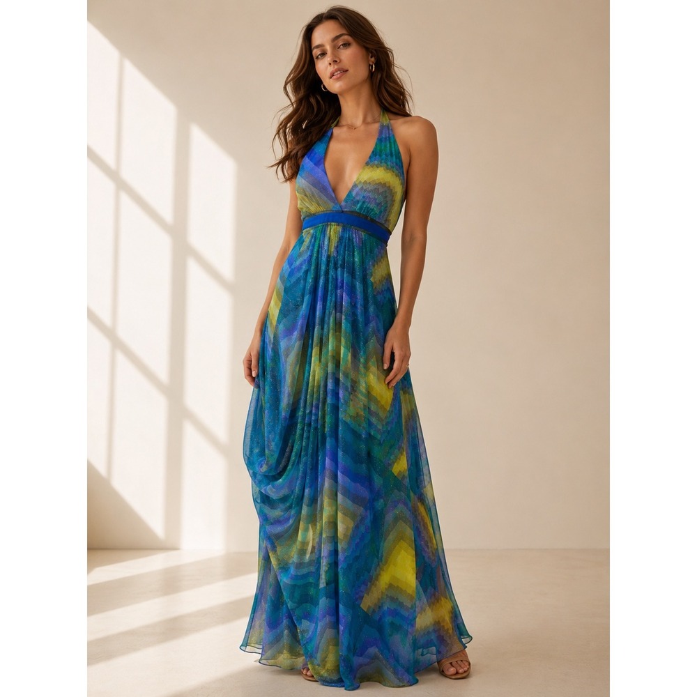 BCBGMAXAZRIA Halter Maxi Dress 2 Blue Chevron Metallic Goddess Beach Vacation